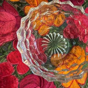 Vintage Fostoria cut crystal glass bowl, sawtooth edge, starburst pattern